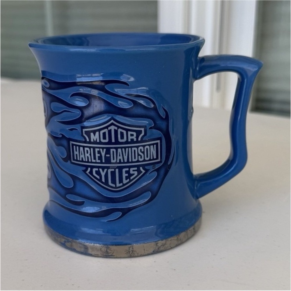 Harley-Davidson Blue Flame Mug Silver Trim 4" Tall 3.5" Diameter